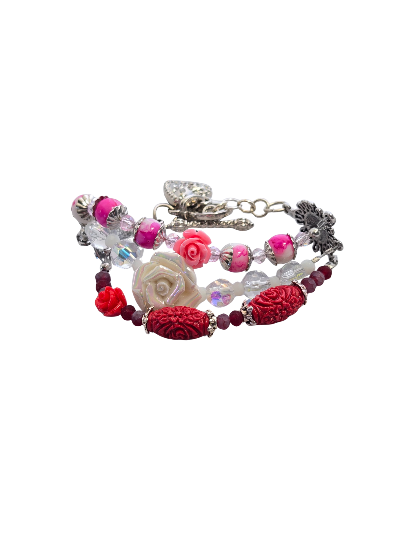 Triple Rose 3-Strand Beaded Bracelet | Handmade Romantic Floral Jewelry