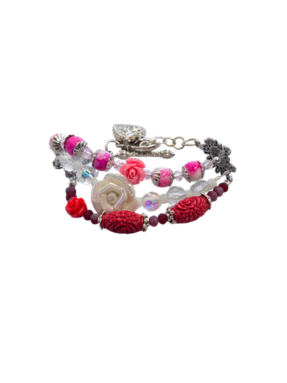 Triple Rose 3-Strand Beaded Bracelet | Handmade Romantic Floral Jewelry