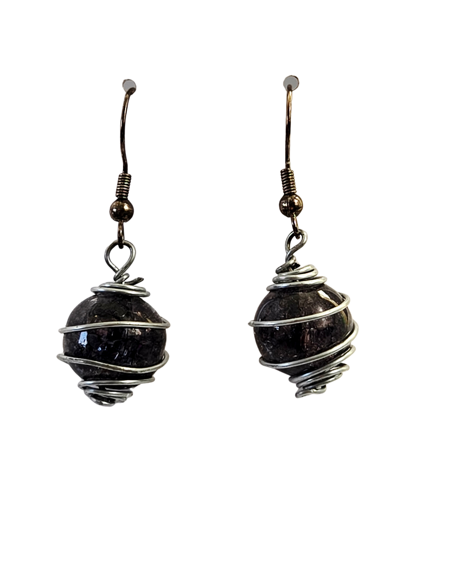 Pendientes colgantes de cristal negro craquelado con engarce de alambre