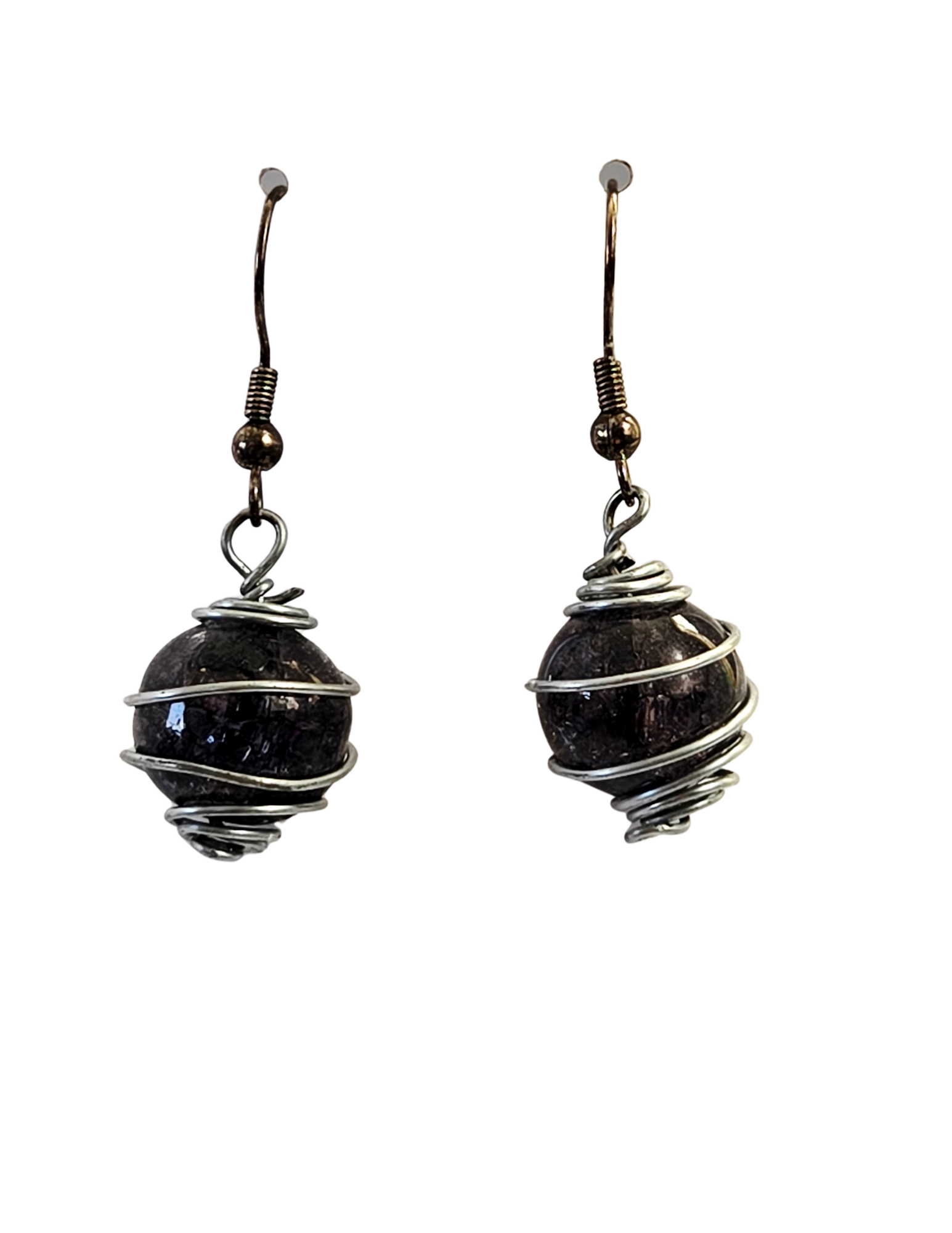 Black Crackle Glass Wire-Wrapped Drop Earrings