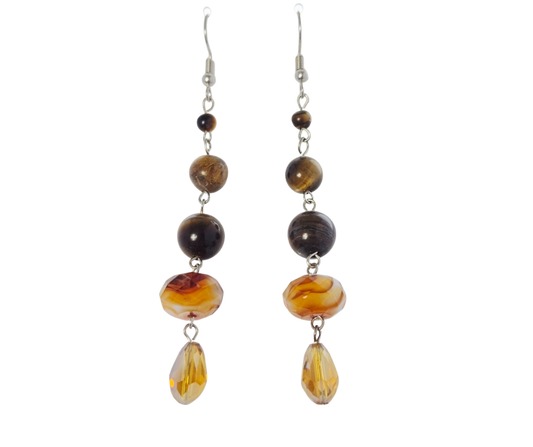Tiger Eye & Brown Swirl Glass Bead Drop Earrings