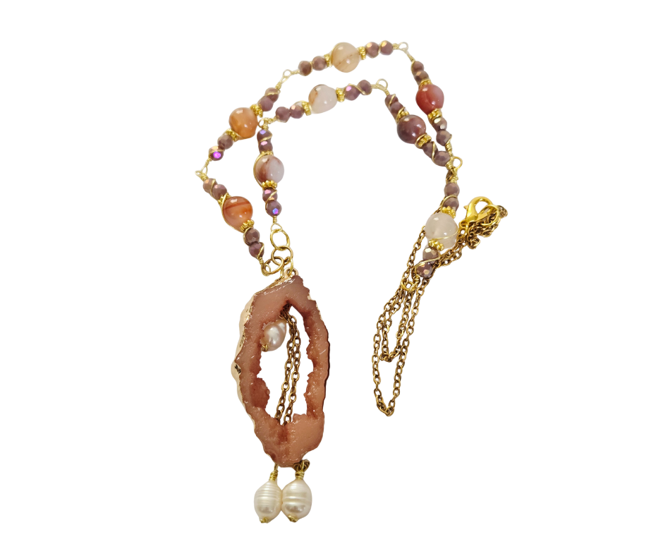 Druzy, Agate & Freshwater Pearl Copper Necklace
