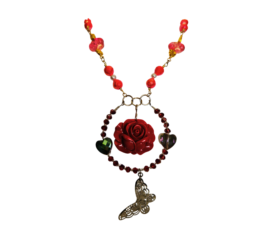 Red Rose Wire-Wrapped Statement Necklace | Romantic Handmade Jewelry