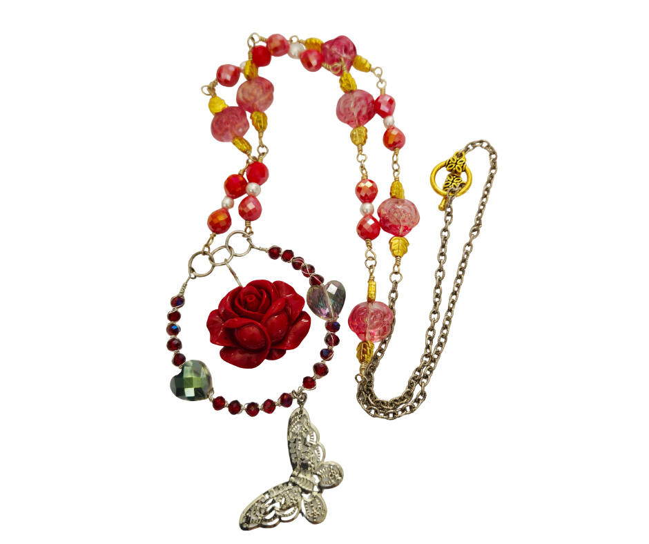 Red Rose Wire-Wrapped Statement Necklace | Romantic Handmade Jewelry