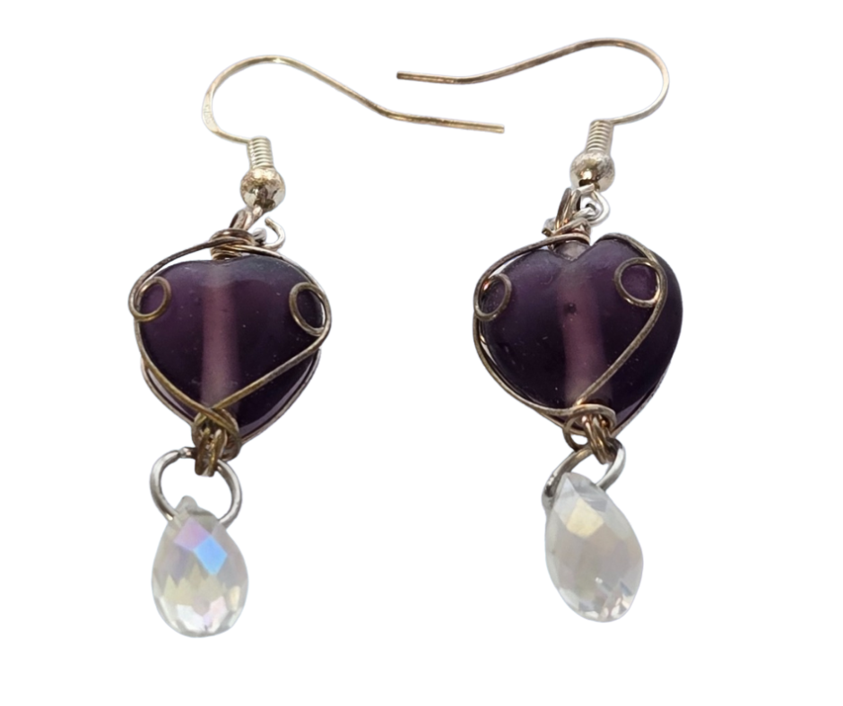 Purple Glass Heart Earrings