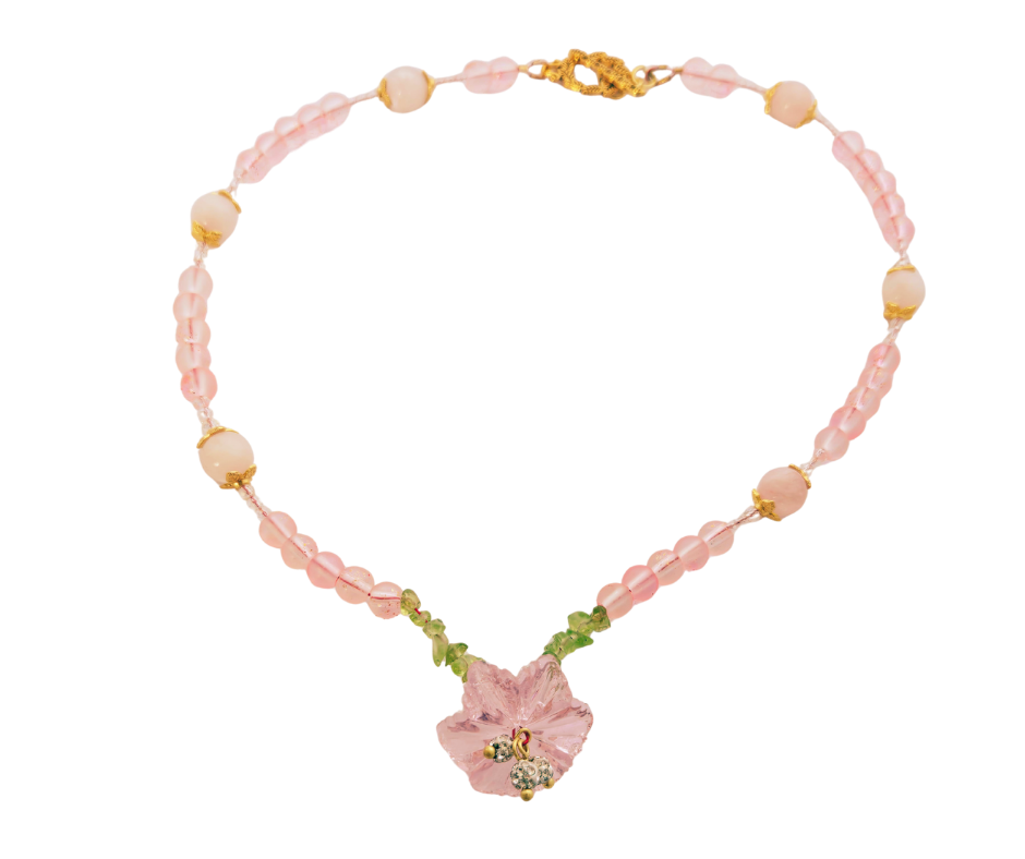 Rose Quartz & Aventurine Flower Necklace – 16" Handmade with Gold Bead Caps