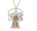 Wire-Woven Crystal Flower Basket Necklace – 19" Silver Handmade