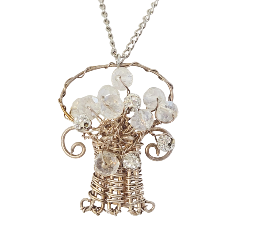 Wire-Woven Crystal Flower Basket Necklace – 19" Silver Handmade