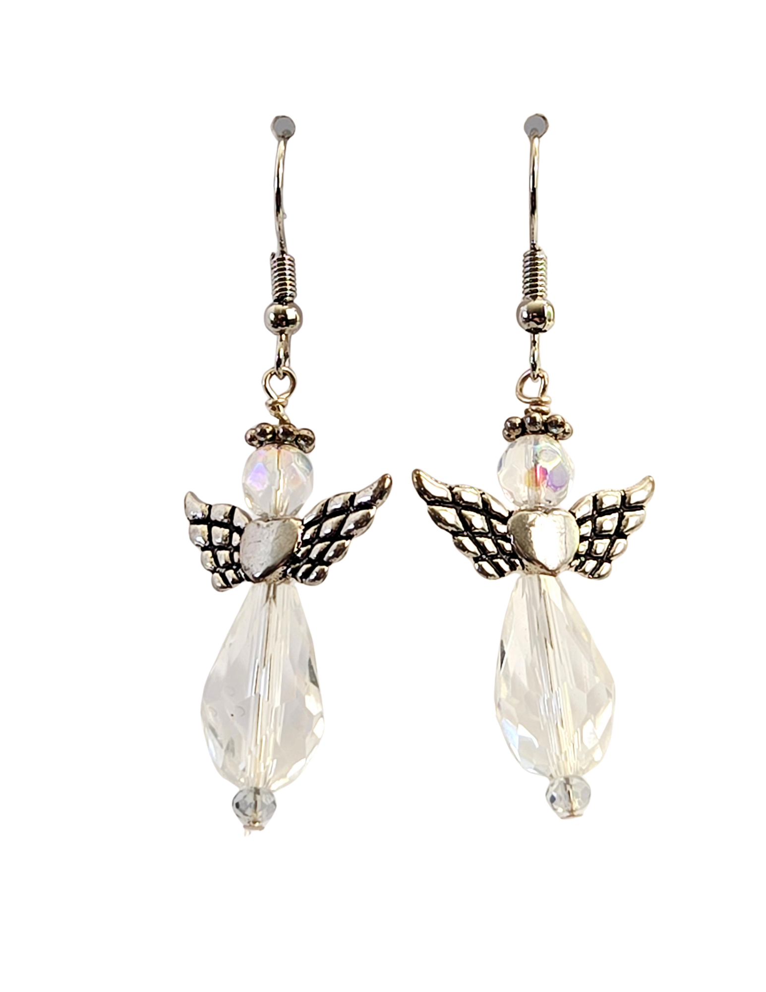 Crystal Angel with Silver Heart & Wings Drop Earrings
