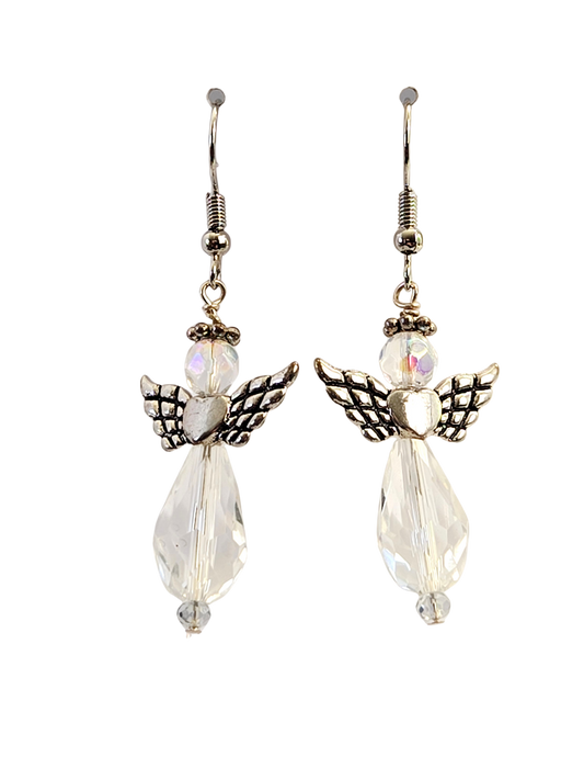 Pendientes con corazón y alas de cristal de ángel en plata