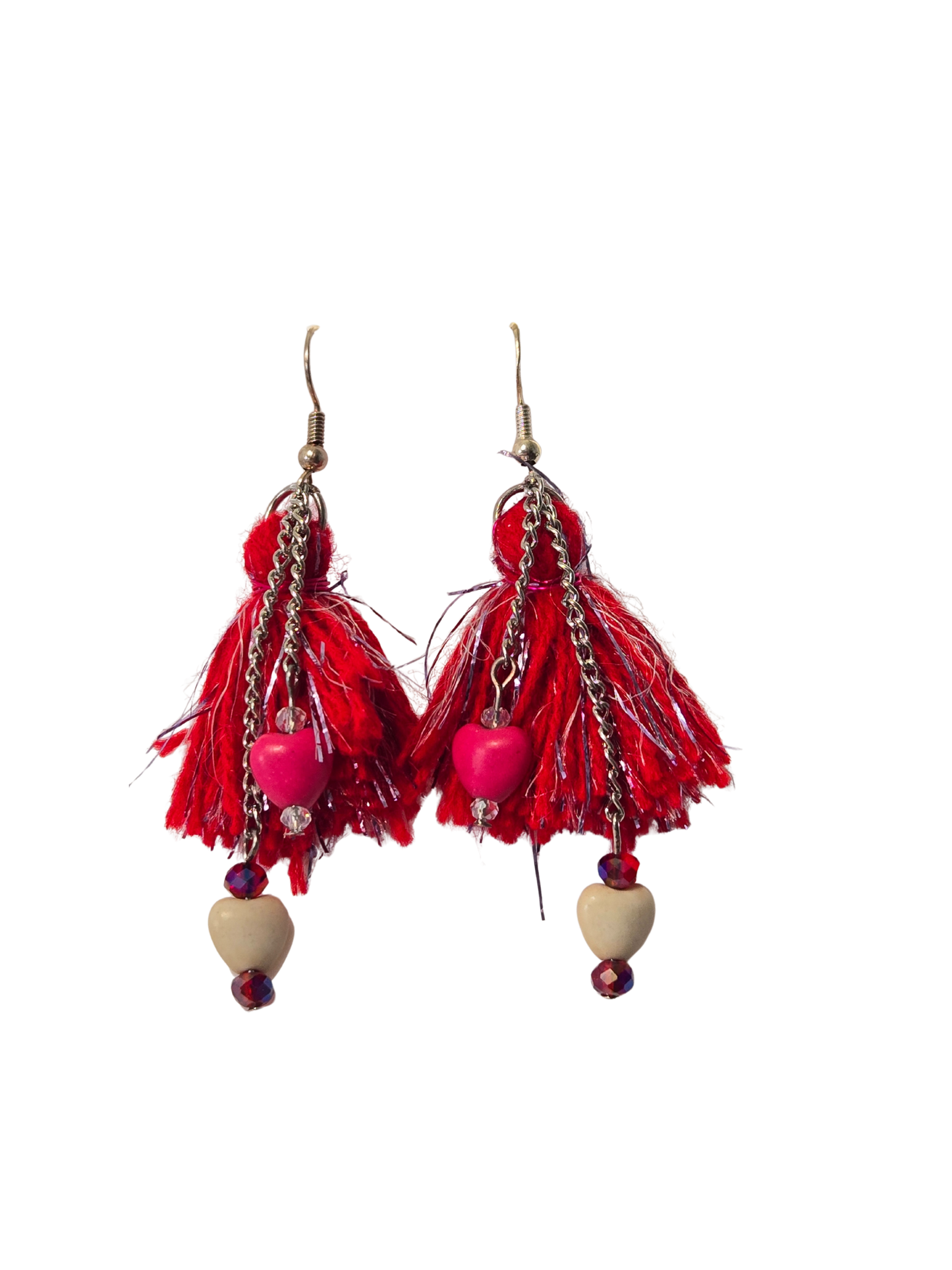 Red & Silver Heart Tassel Earrings – Handmade Boho Dangle Earrings