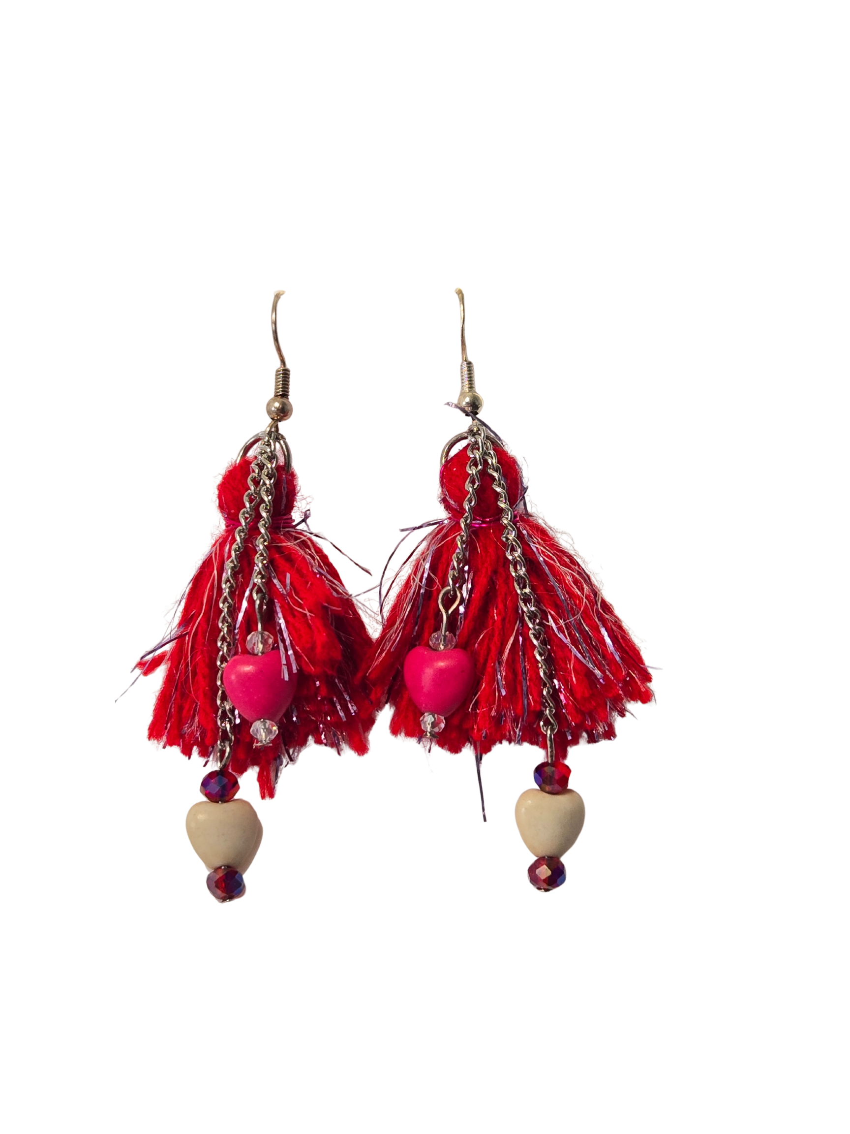 Red & Silver Heart Tassel Earrings – Handmade Boho Dangle Earrings