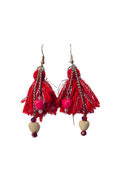 Red & Silver Heart Tassel Earrings – Handmade Boho Dangle Earrings