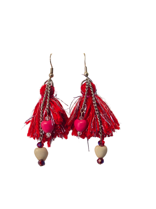 Red & Silver Heart Tassel Earrings – Handmade Boho Dangle Earrings