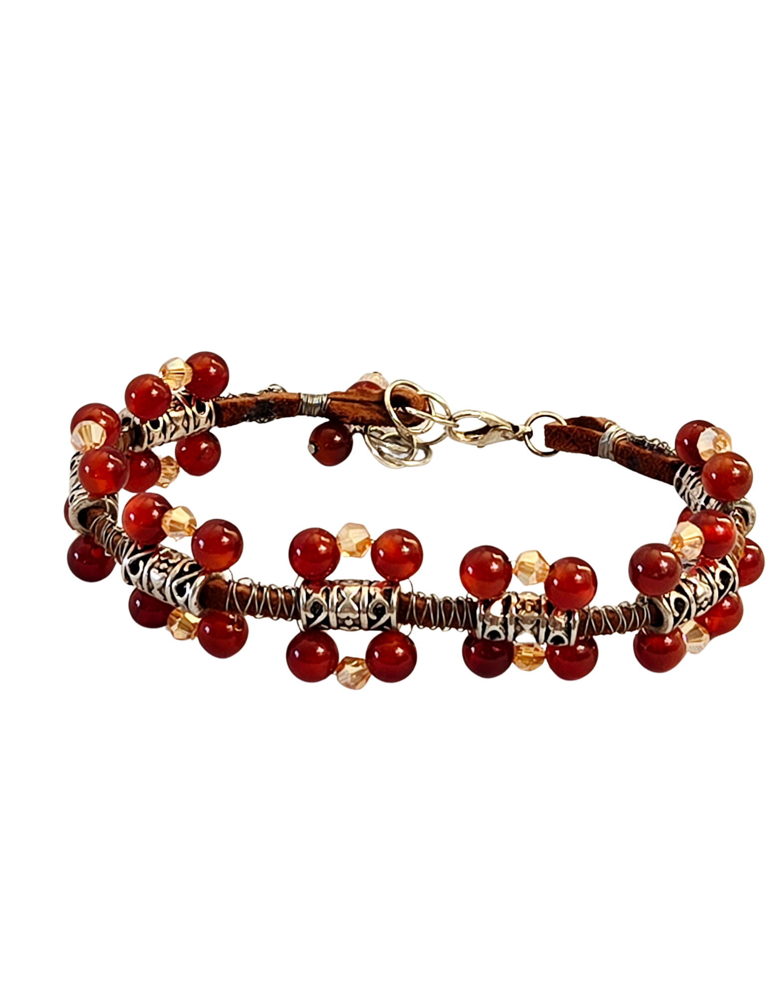 Carnelian & Crystal Wire-Knotted Leather Bracelet | Handmade Boho Jewelry
