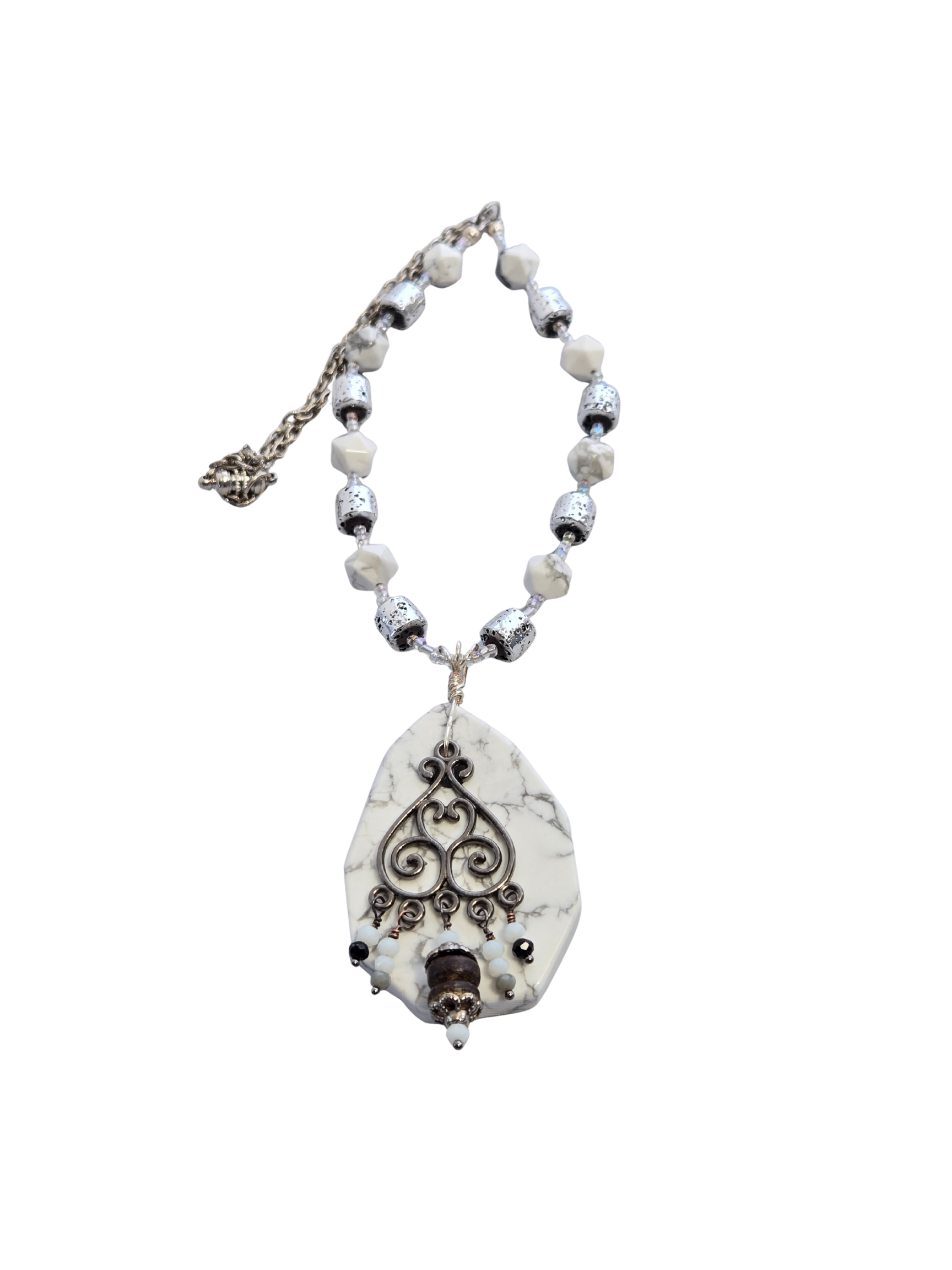 Howlite & Lava Stone Filigree Necklace | Boho Handmade Jewelry