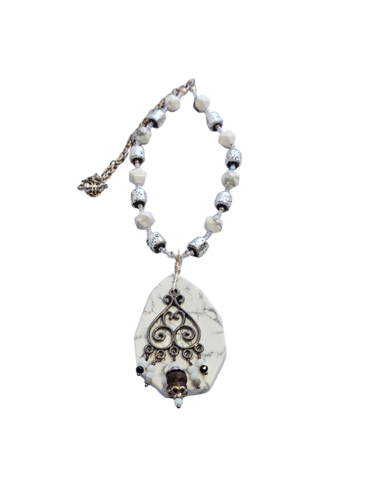 Howlite & Lava Stone Filigree Necklace | Boho Handmade Jewelry