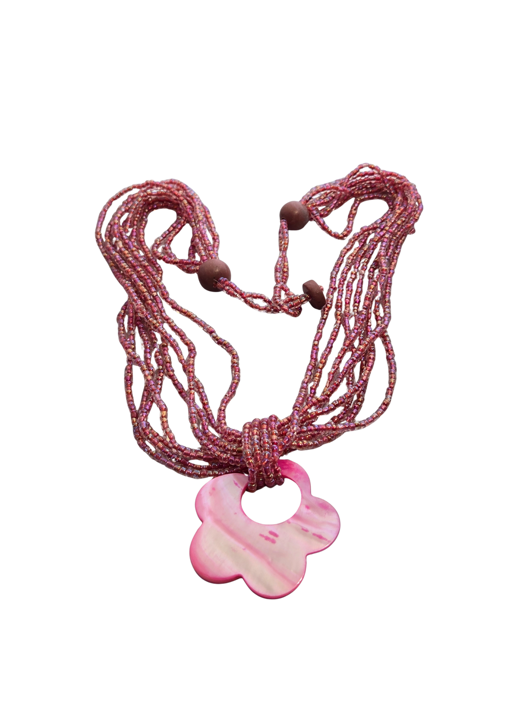 Collar de cuentas de semilla de múltiples hebras con caracoles y centro focal – 18" hecho a mano estilo bohemio