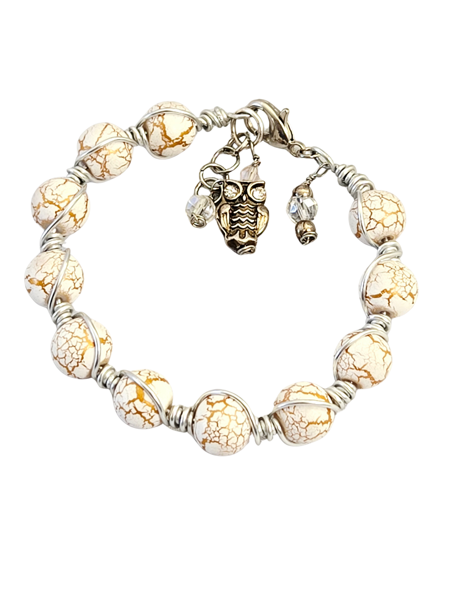 Pulsera de Búho Envuelto en Alambre – Cuentas Craqueladas con Aspecto de Madera, Colgantes de Cristal y Cierre de Palanca
