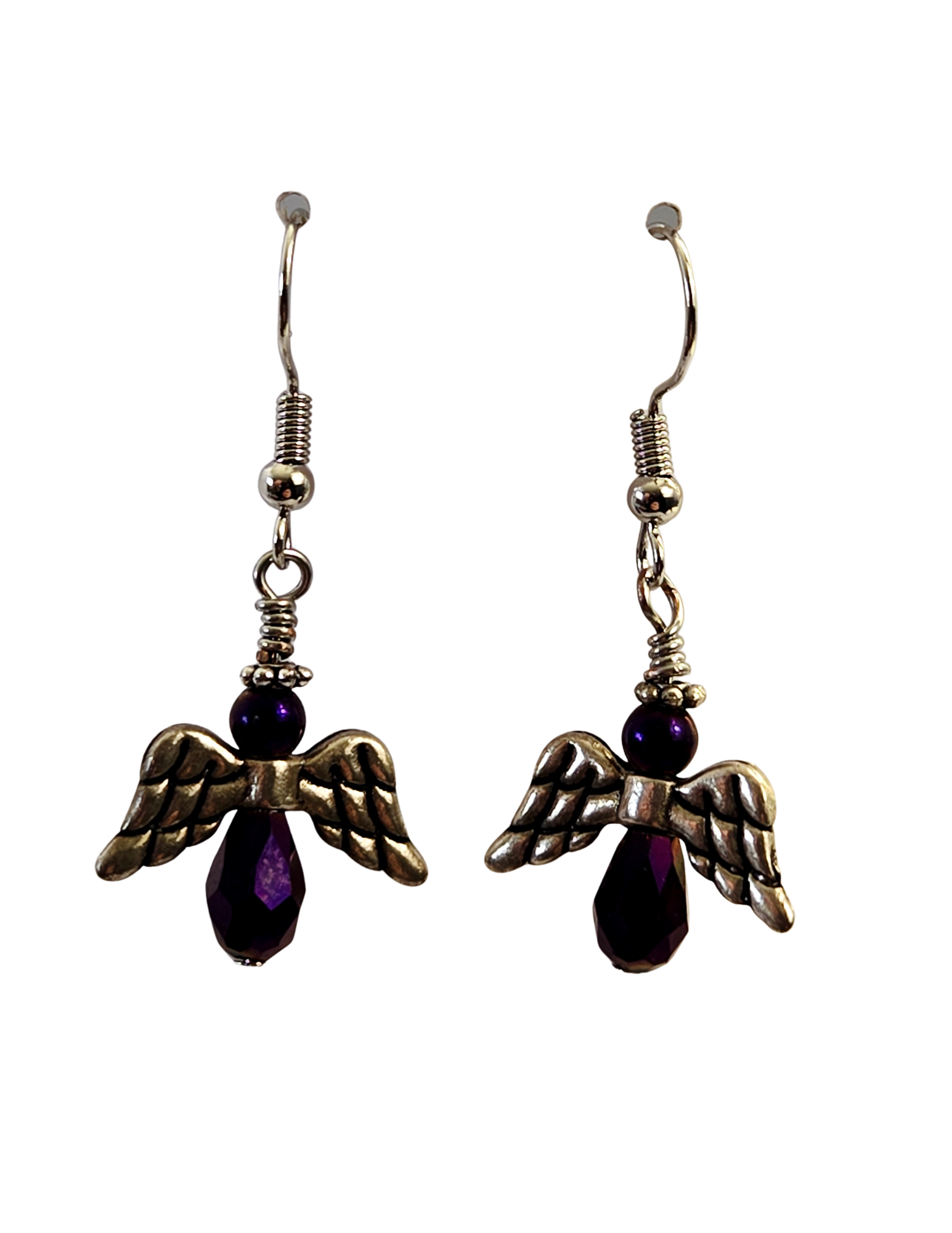 Deep Purple Angel Wing Earrings – Silver Wings & Glass Bead Handcrafted Drops