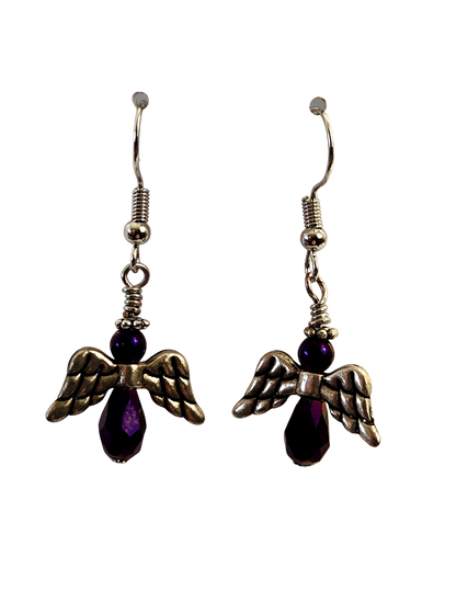 Deep Purple Angel Wing Earrings – Silver Wings & Glass Bead Handcrafted Drops