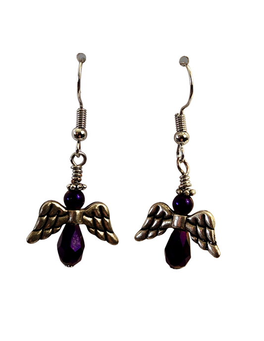 Pendientes de ala de ángel de color morado intenso – Alas de plata y cuentas de cristal hechas a mano
