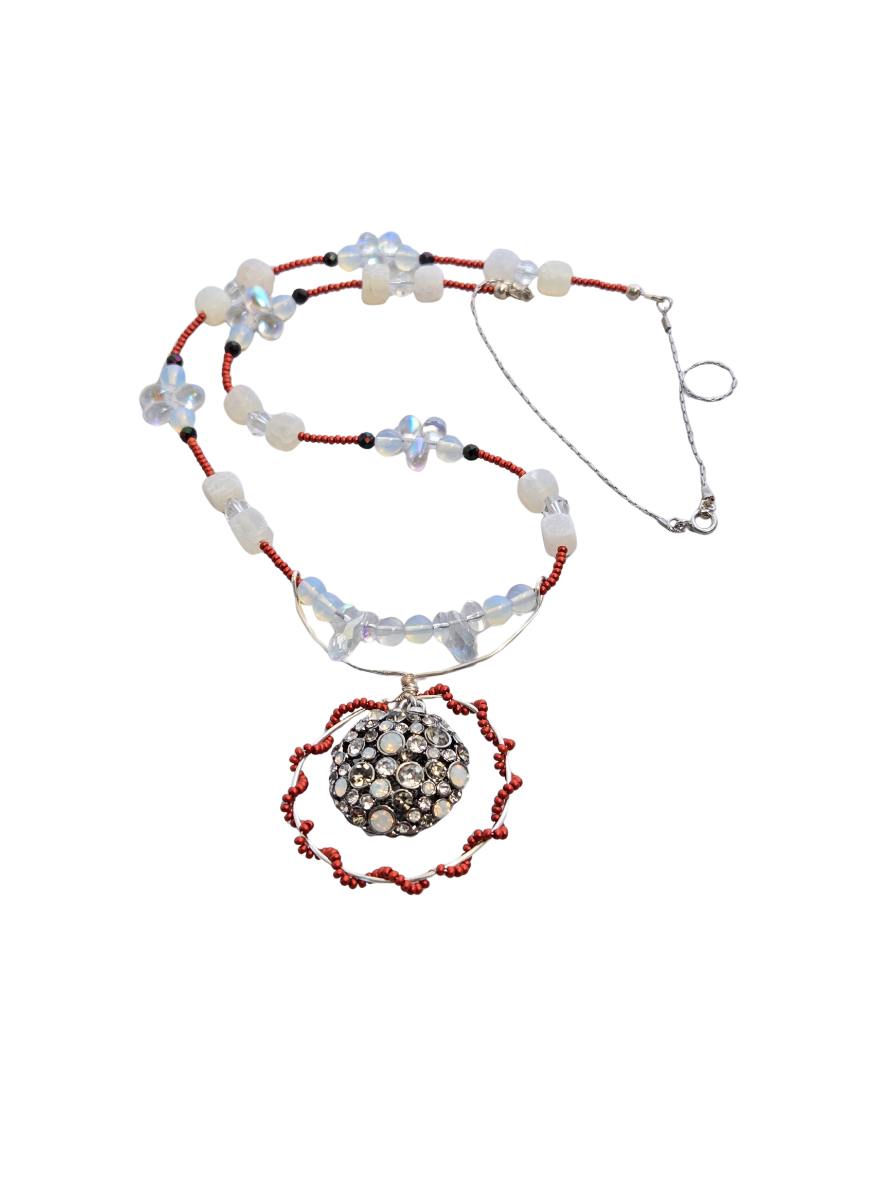 White Crackle Bead & Crystal Teardrop Necklace – 25" Handmade Chain