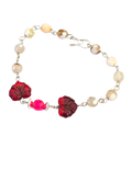 Dainty Leaf Bracelet – Red Glass Beads, Pink Accent & Natural Agate Chain