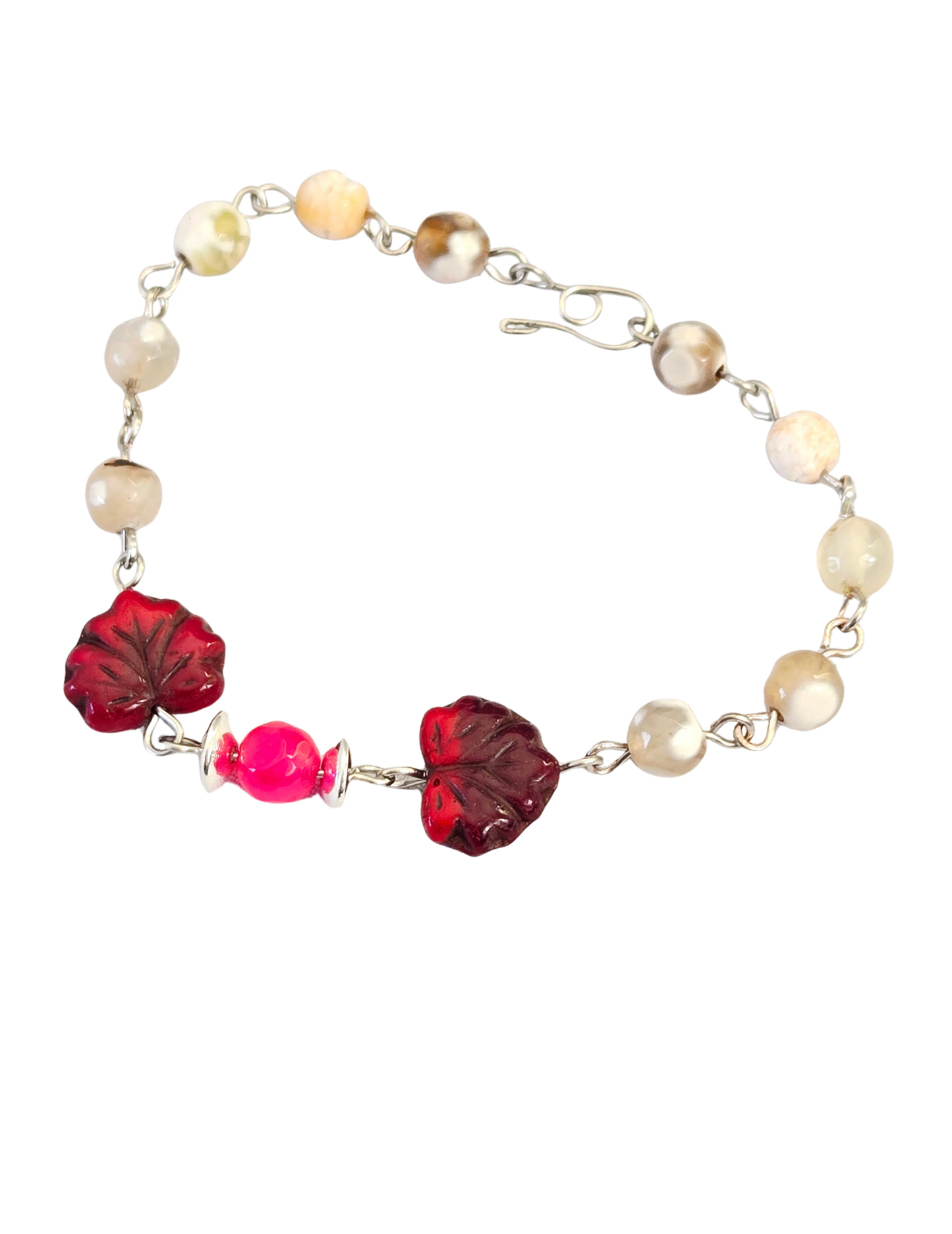 Dainty Leaf Bracelet – Red Glass Beads, Pink Accent & Natural Agate Chain