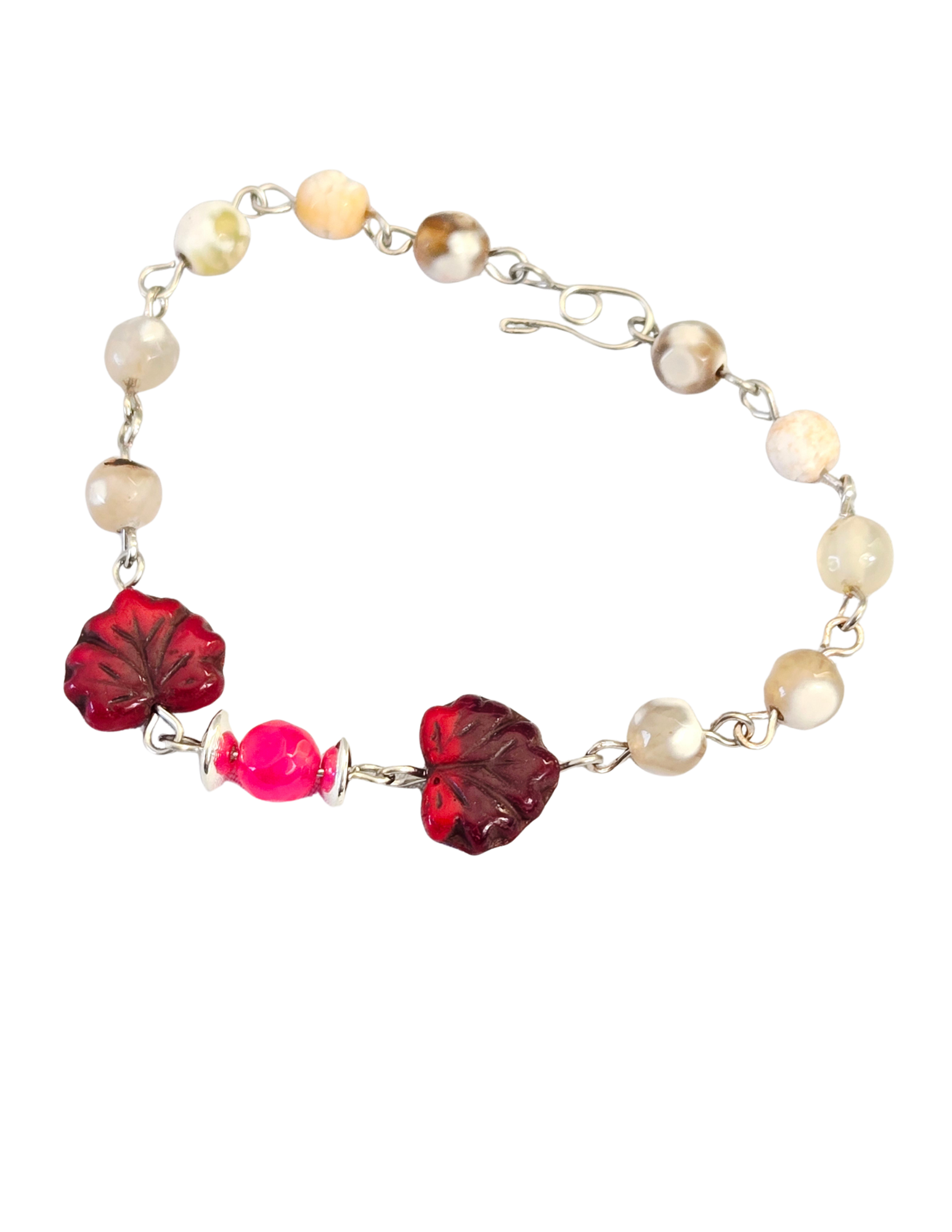 Dainty Leaf Bracelet – Red Glass Beads, Pink Accent & Natural Agate Chain