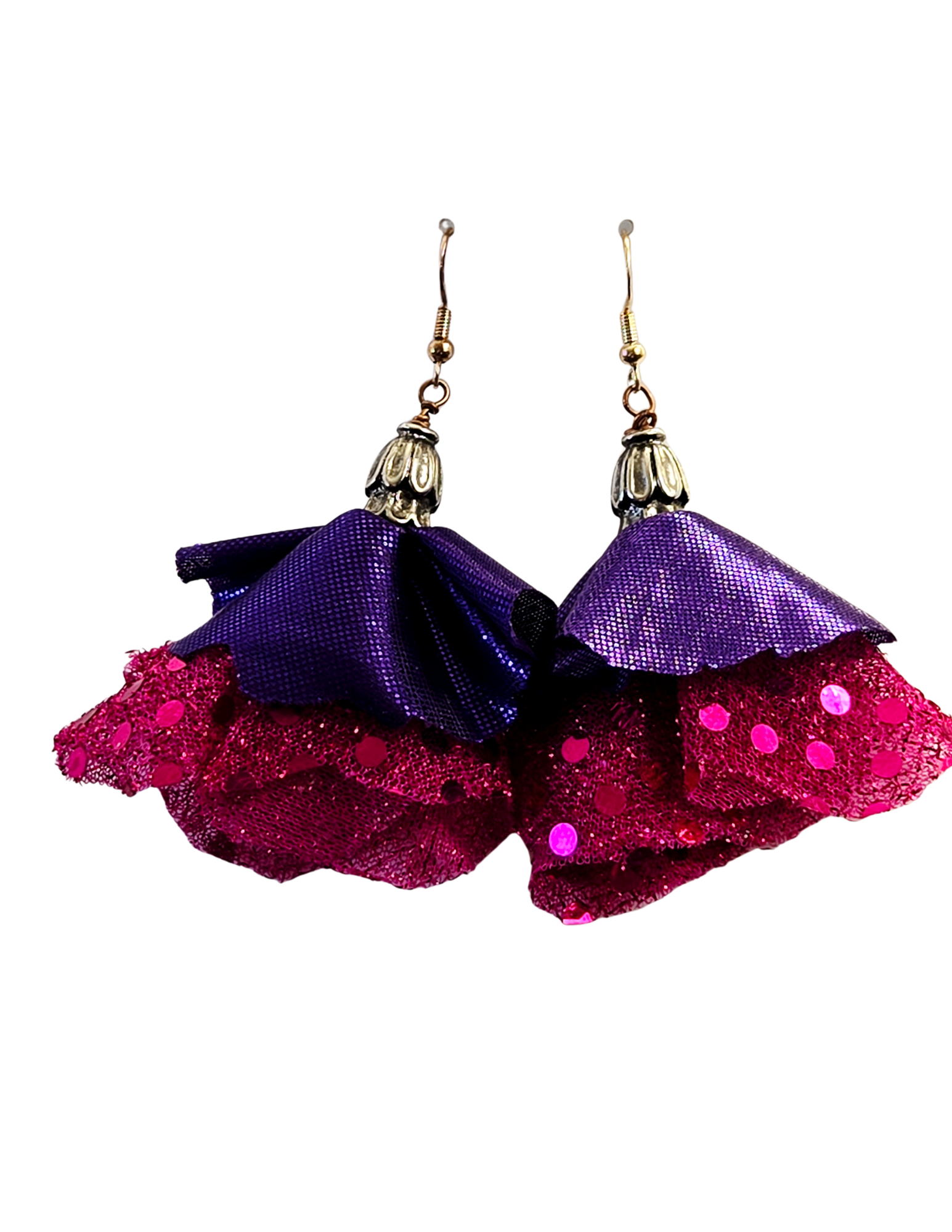 Pendientes colgantes de flor con purpurina morada y rosa – Pendientes colgantes boho ligeros hechos a mano