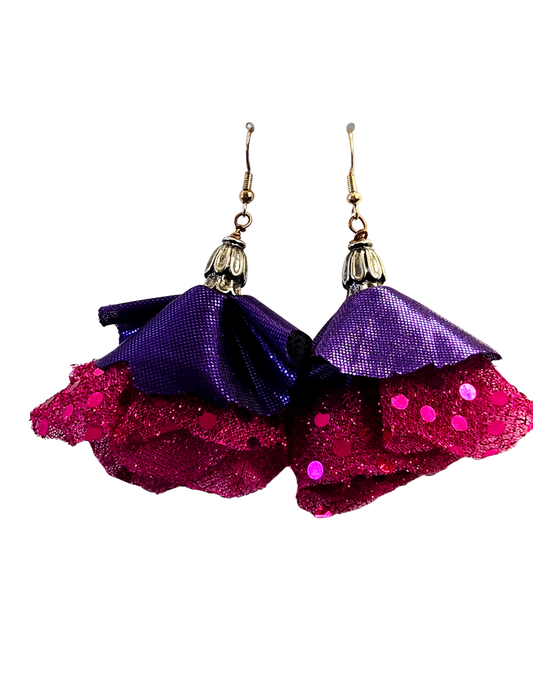 Pendientes colgantes de flor con purpurina morada y rosa – Pendientes colgantes boho ligeros hechos a mano
