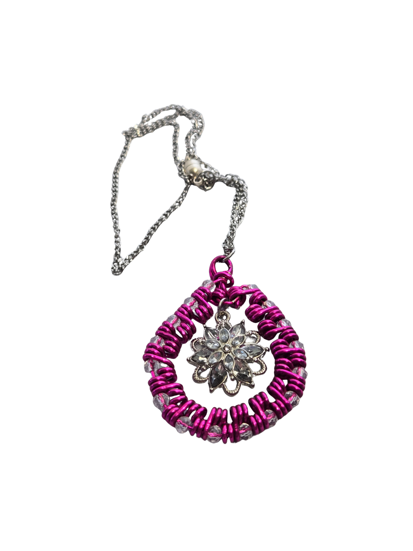 Pink Wire-Wrapped Floral & Crystal Glass Bead Necklace