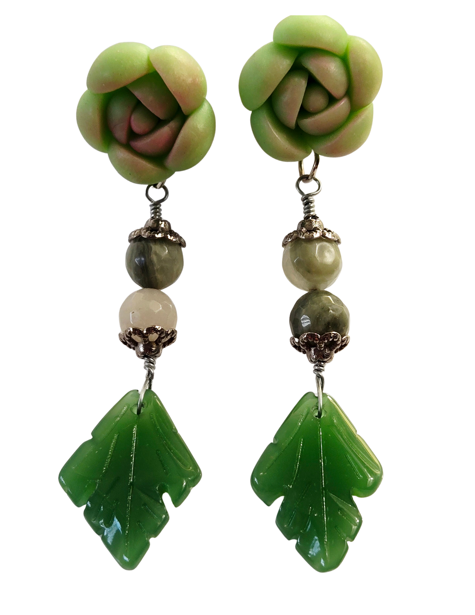 Polymer Clay Succulent & Green Jade Leaf Earrings – Aventurine Handcrafted Boho Post Earrings