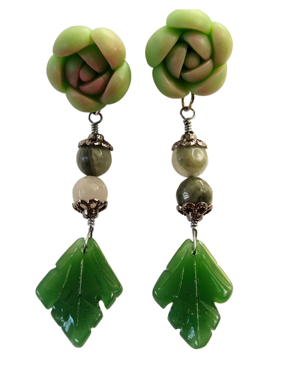 Pendientes de arcilla polimérica con suculentas y hojas de jade verde – Pendientes de poste hechos a mano de aventurina, estilo bohemio