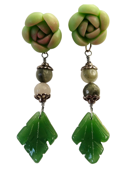 Pendientes de arcilla polimérica con suculentas y hojas de jade verde – Pendientes de poste hechos a mano de aventurina, estilo bohemio