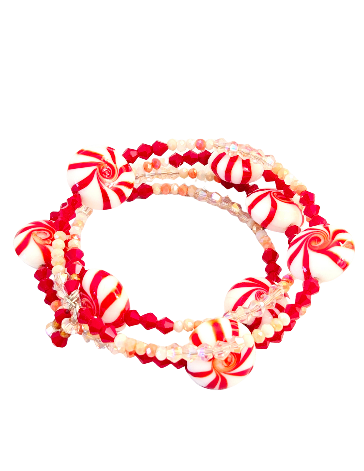 Christmas Peppermint Memory Wire Wrap Bracelet – Red, White & Pink Holiday Beads