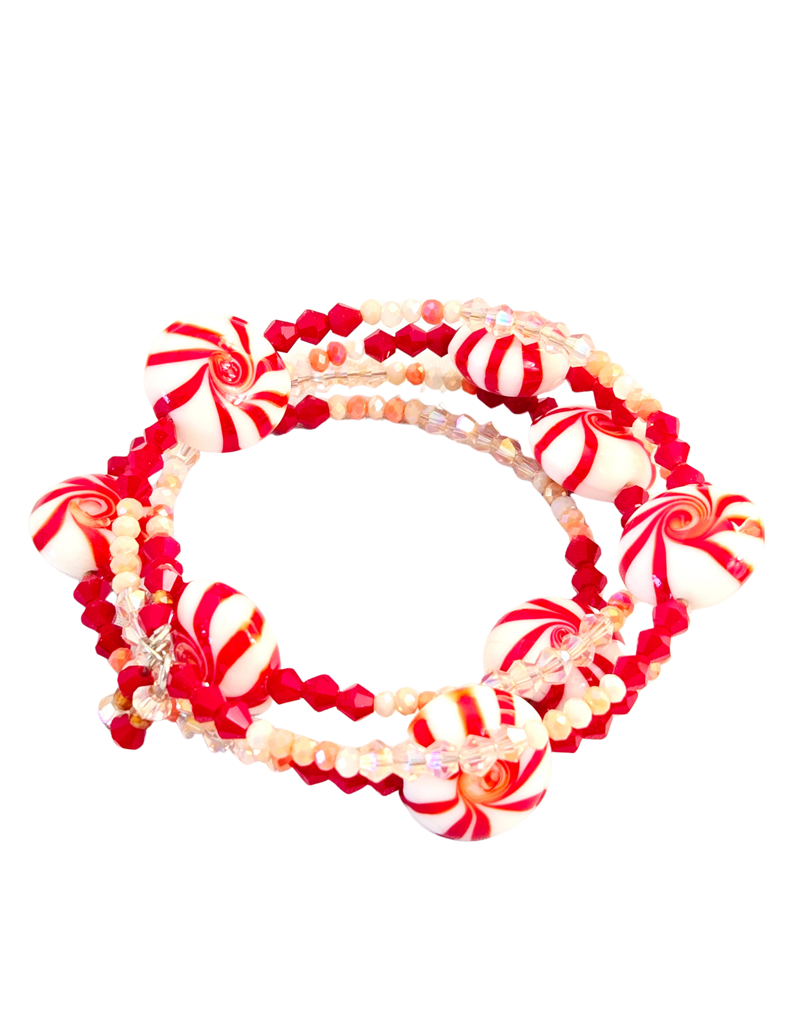 Christmas Peppermint Memory Wire Wrap Bracelet – Red, White & Pink Holiday Beads