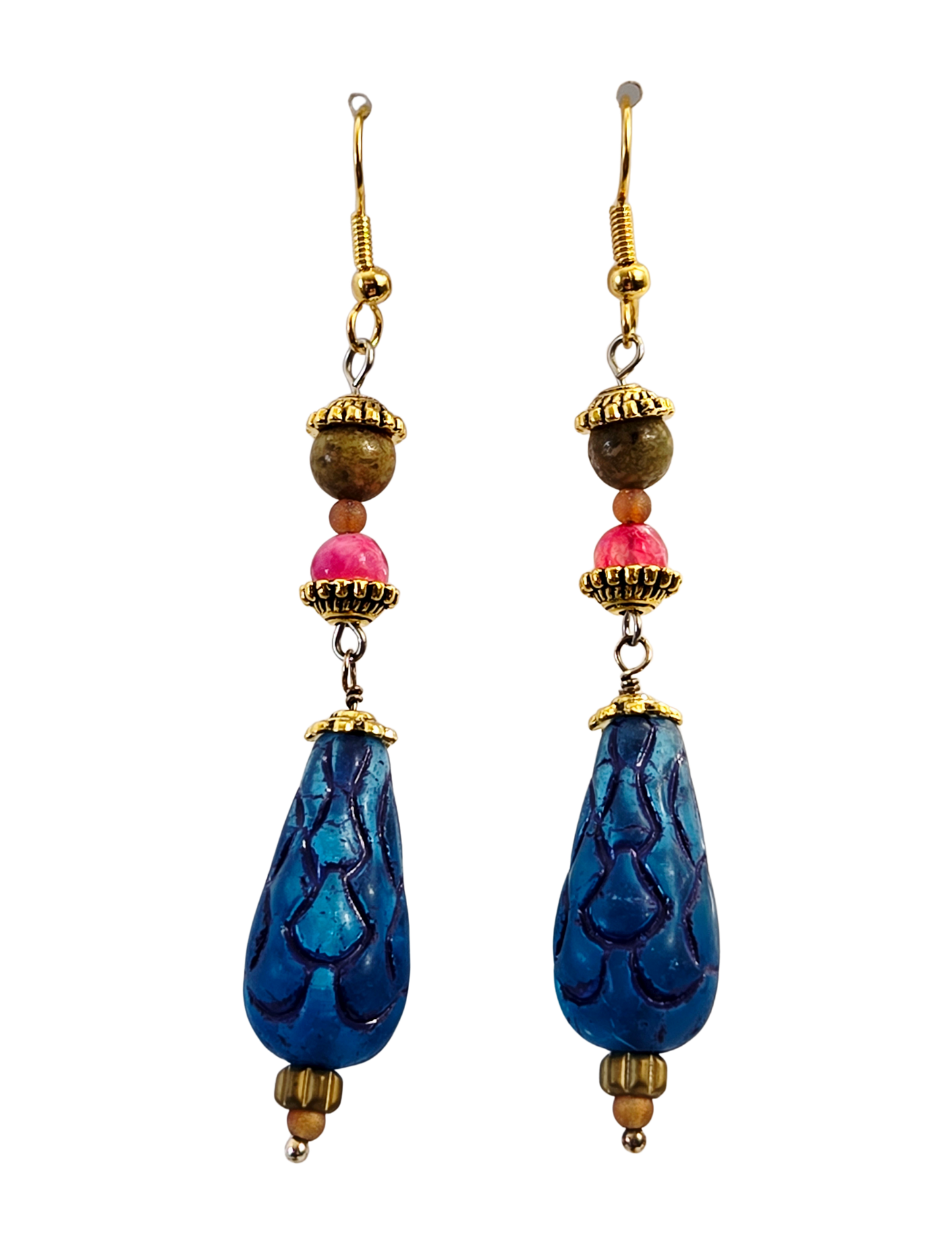 Cobalt Blue Ruffled Teardrop Dangle Earrings – Stacked Bead & Gold Hook Handcrafted Drops