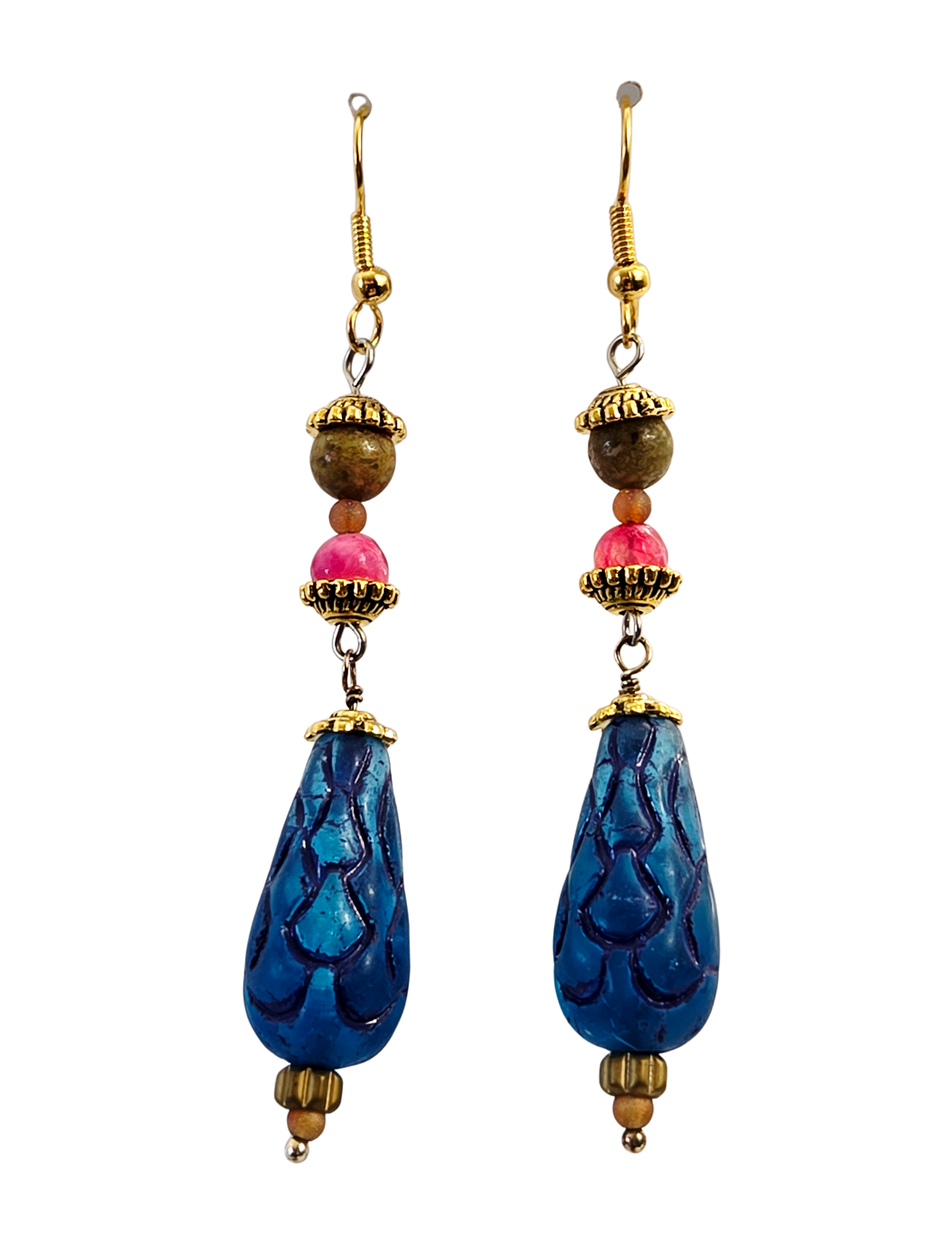 Cobalt Blue Ruffled Teardrop Dangle Earrings – Stacked Bead & Gold Hook Handcrafted Drops