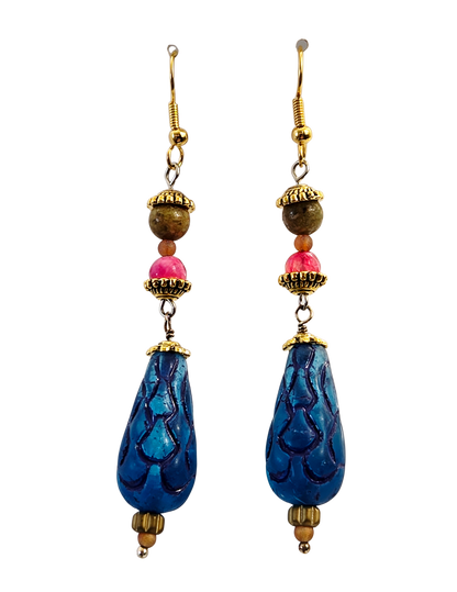 Cobalt Blue Ruffled Teardrop Dangle Earrings – Stacked Bead & Gold Hook Handcrafted Drops