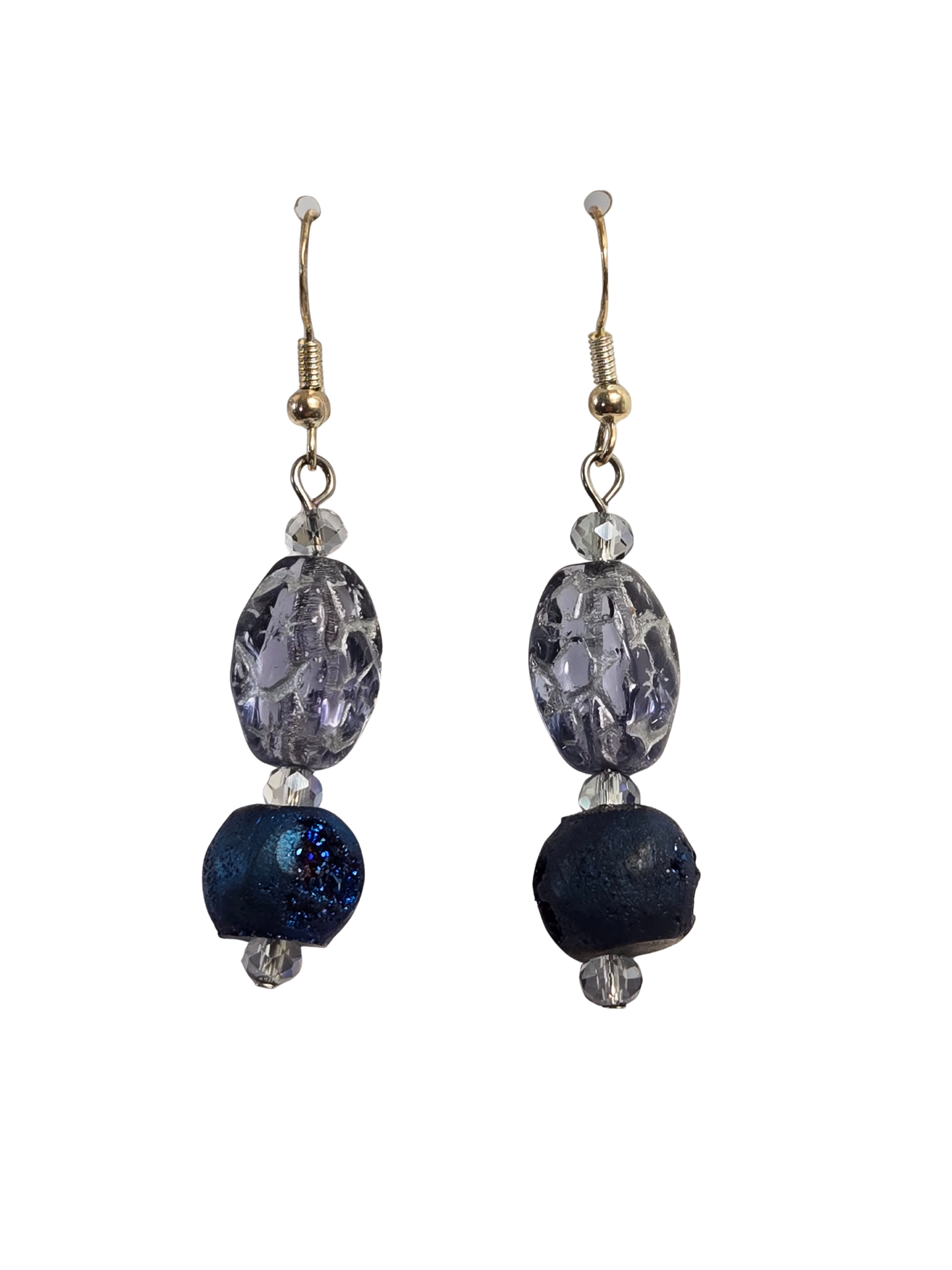 Blue Druzy & Silver Beaded Dangle Earrings – Handmade Boho Jewelry