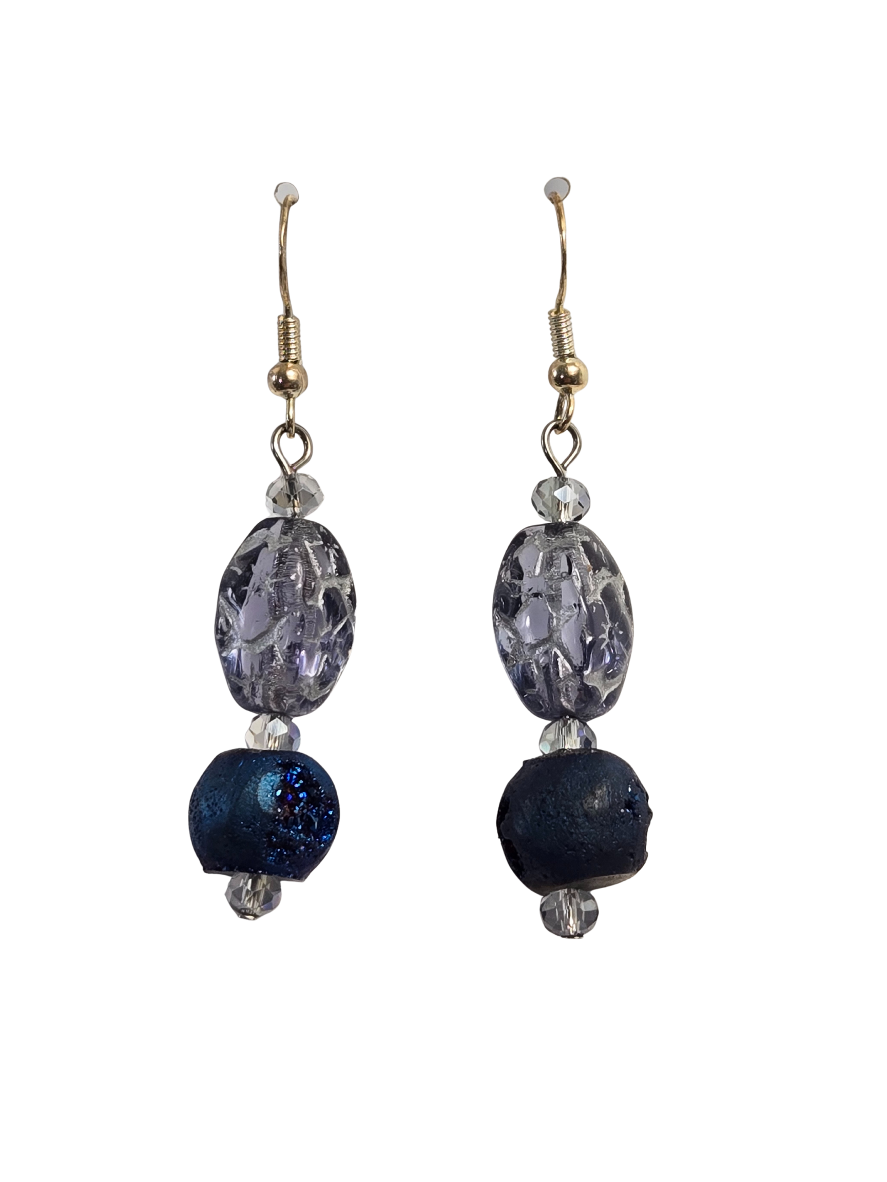 Blue Druzy & Silver Beaded Dangle Earrings – Handmade Boho Jewelry