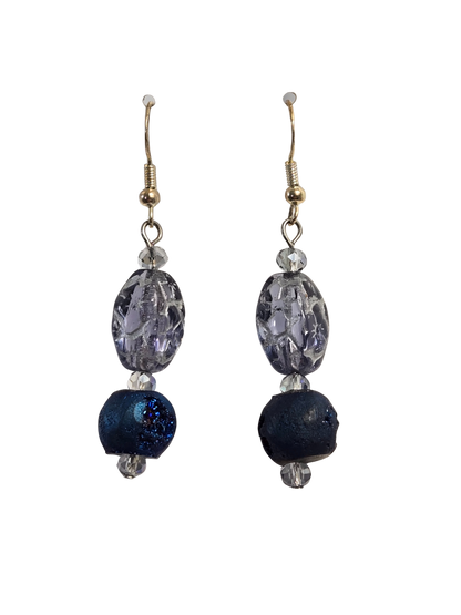 Blue Druzy & Silver Beaded Dangle Earrings – Handmade Boho Jewelry