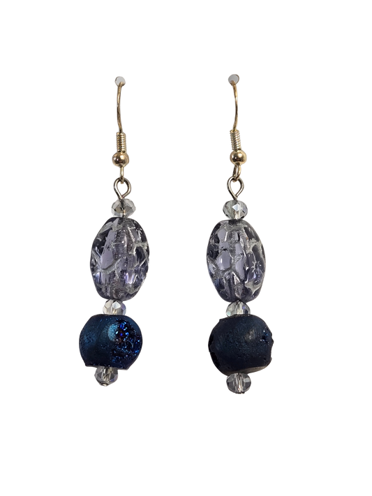 Blue Druzy & Silver Beaded Dangle Earrings – Handmade Boho Jewelry