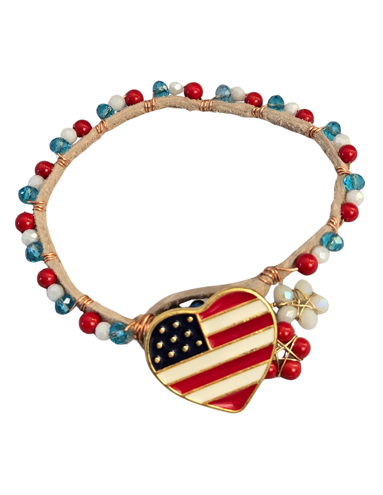 Patriotic Leather Wire-Wrapped Bracelet – Red, White & Blue with Flag Button Clasp