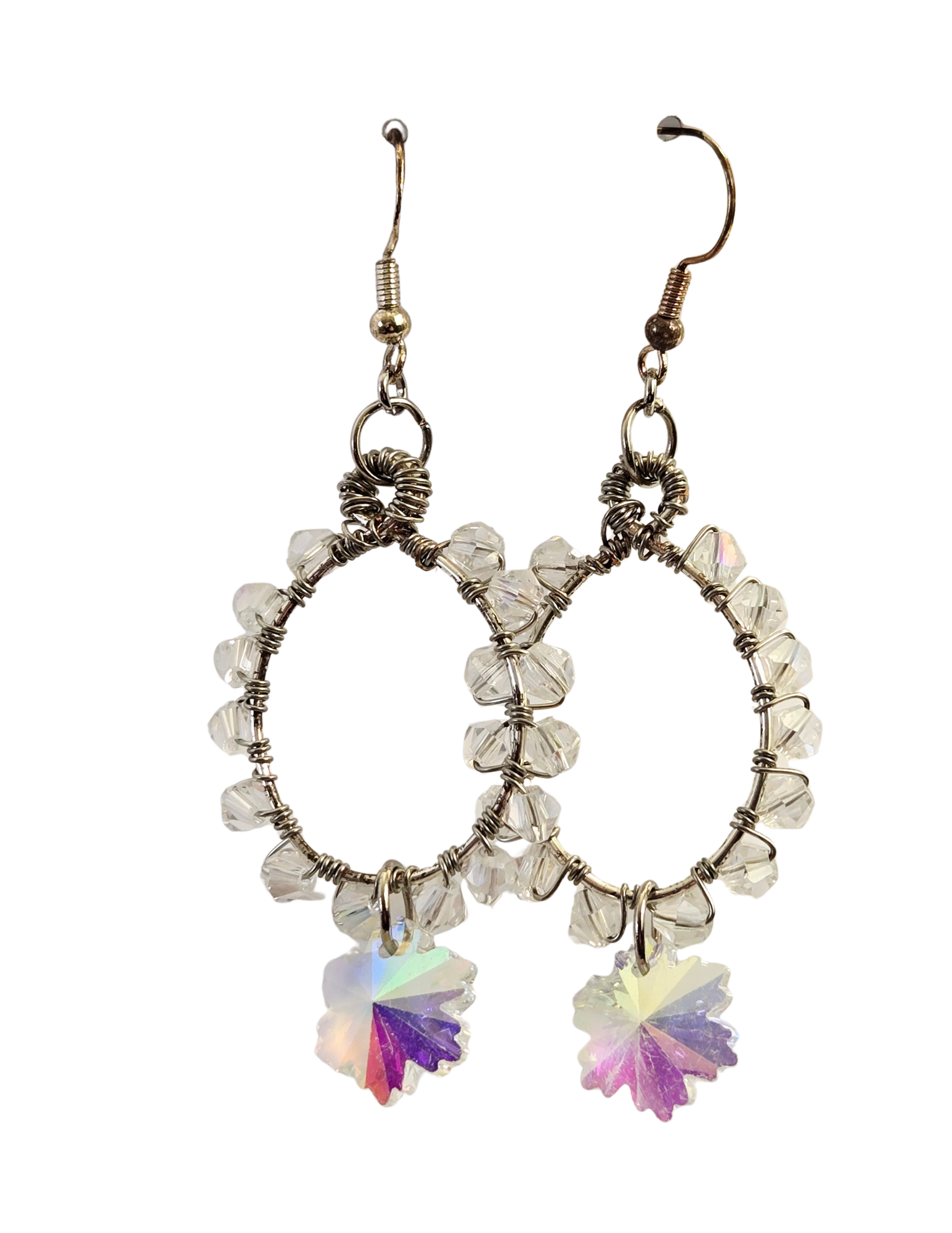 Crystal Bicone Teardrop Hoop Earrings with Iridescent Floral Dangle – Handcrafted Wire Wrapped Drops