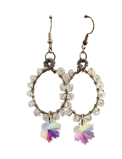 Crystal Bicone Teardrop Hoop Earrings with Iridescent Floral Dangle – Handcrafted Wire Wrapped Drops