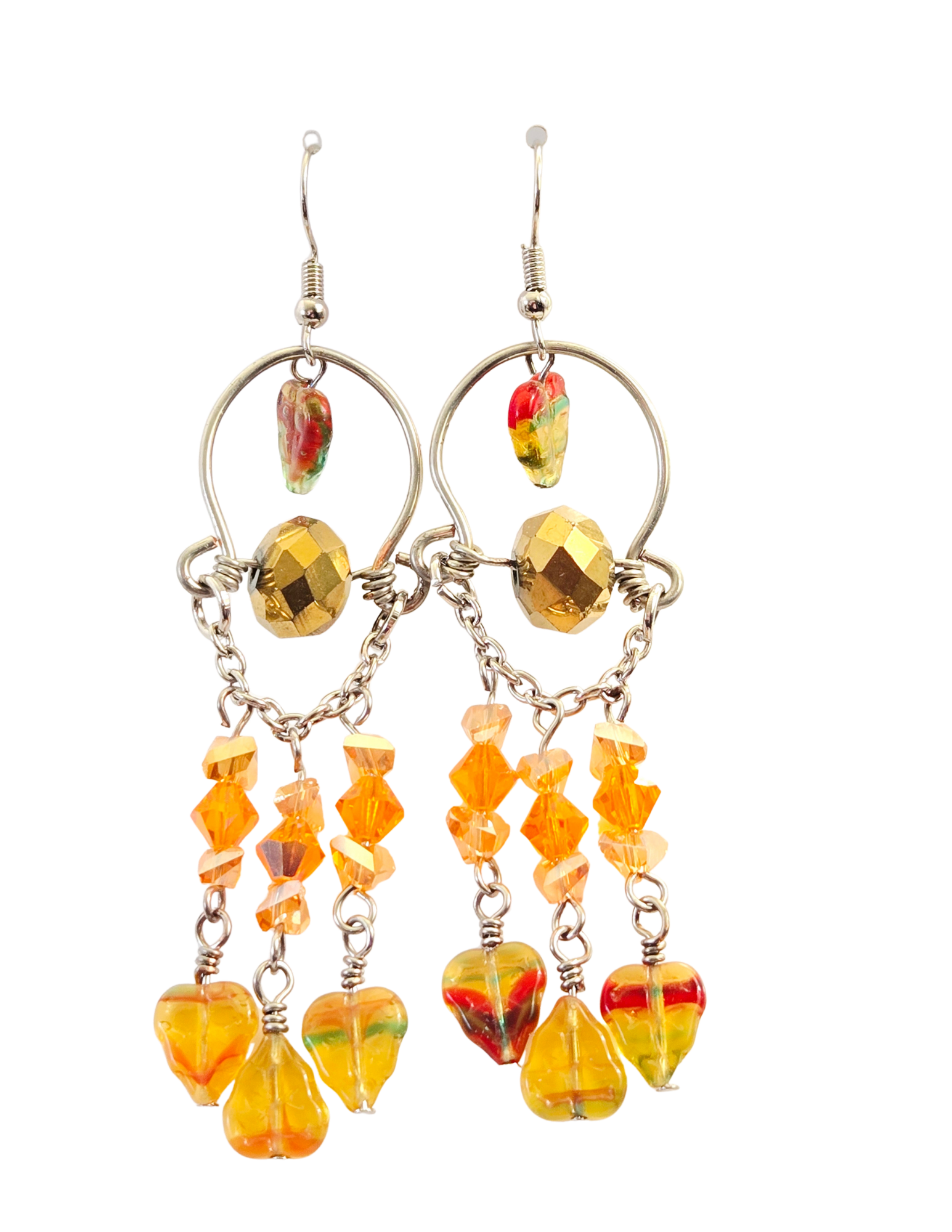 Orange AB Leaf & Looped Wire Fall Dangle Earrings – Gold Rondelle & Glass Bead Handcrafted Drops