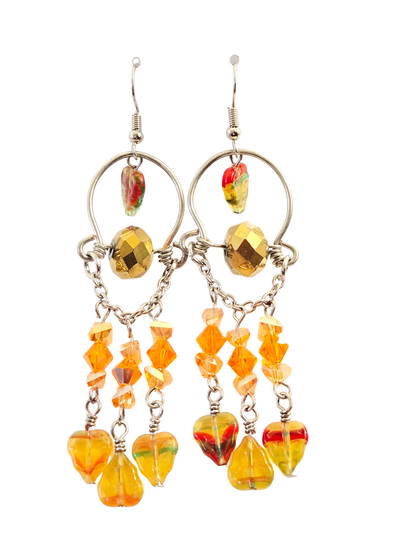 Orange AB Leaf & Looped Wire Fall Dangle Earrings – Gold Rondelle & Glass Bead Handcrafted Drops